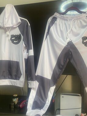 White and Gray Two-Piece Hoodie & Joggers Set with Logo
